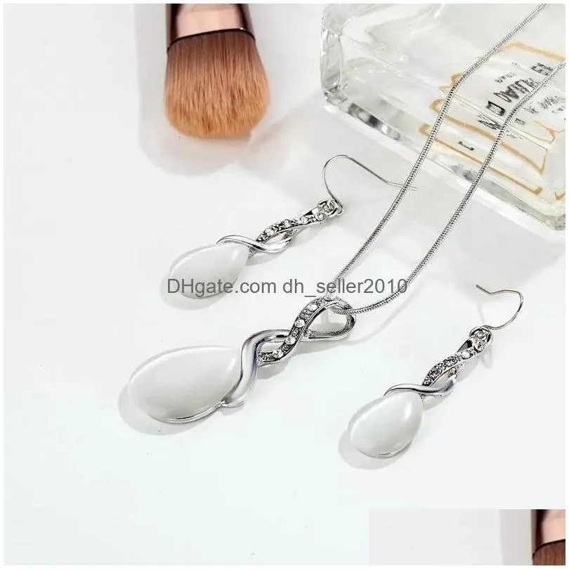 fashion opal jewelry sets for woman cubic zirconia water drop necklace pendant earrings set bridal wedding party gift