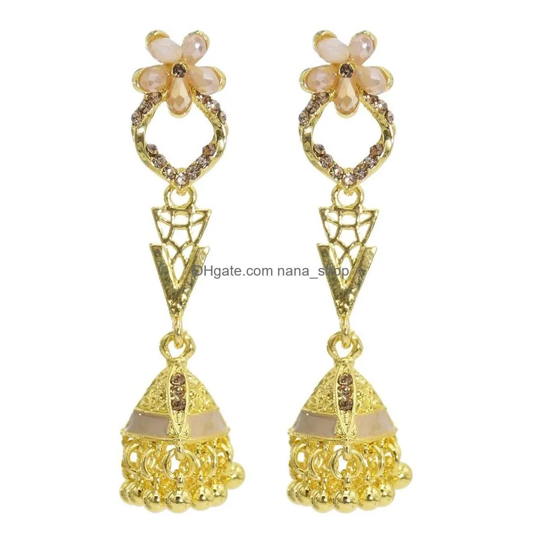 vintage jhumka earrings for women gold metal flower crystal bells bead tassel earring party afghan indian jewelry gift