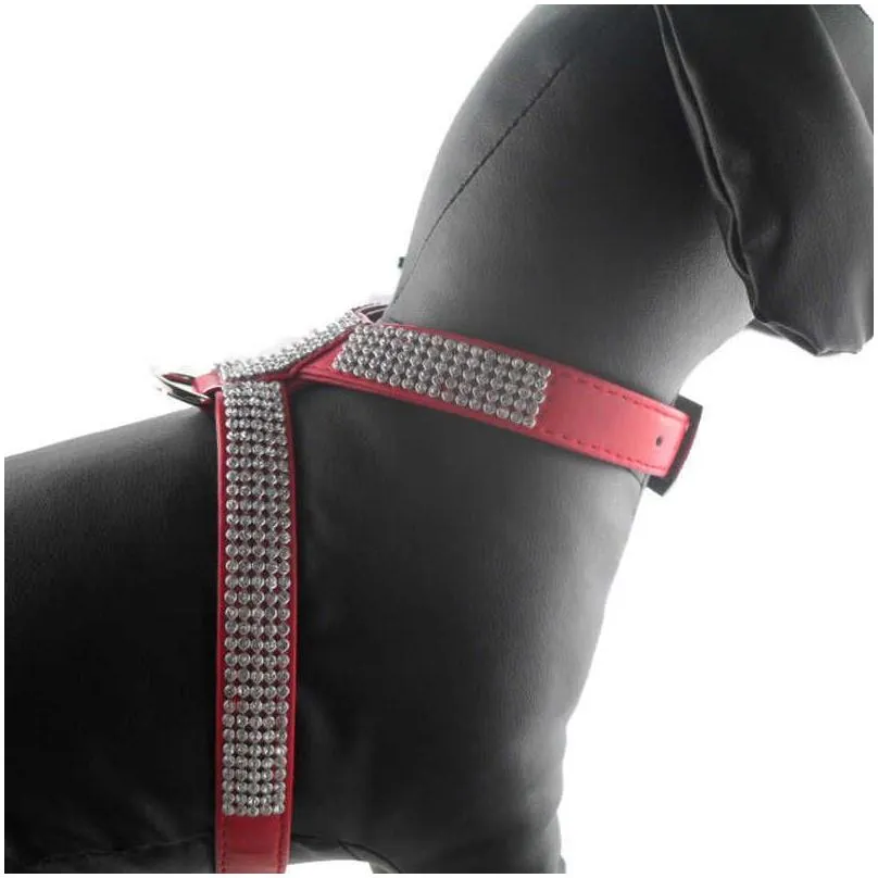 4 sizes pu leather rhinestones dog harness safety comfortable dress up pet harness collar for small medium large dog 210712