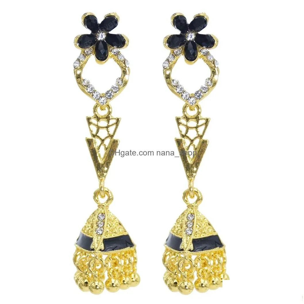 vintage jhumka earrings for women gold metal flower crystal bells bead tassel earring party afghan indian jewelry gift