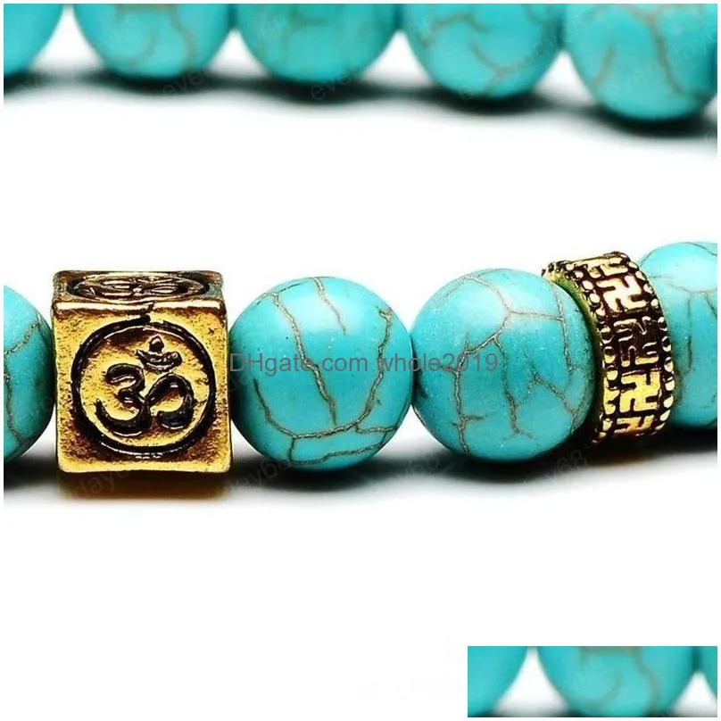 8mm yoga beaded strands bracelet gemstone turquoise beads ancient silver gold box natural stone bracelets for women men fashion