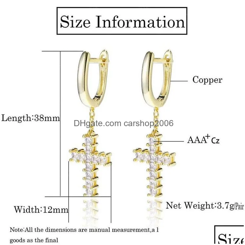 mens women hip hop dangle earrings jewelry high quality fashion round gold silver diamond cross earrings for men