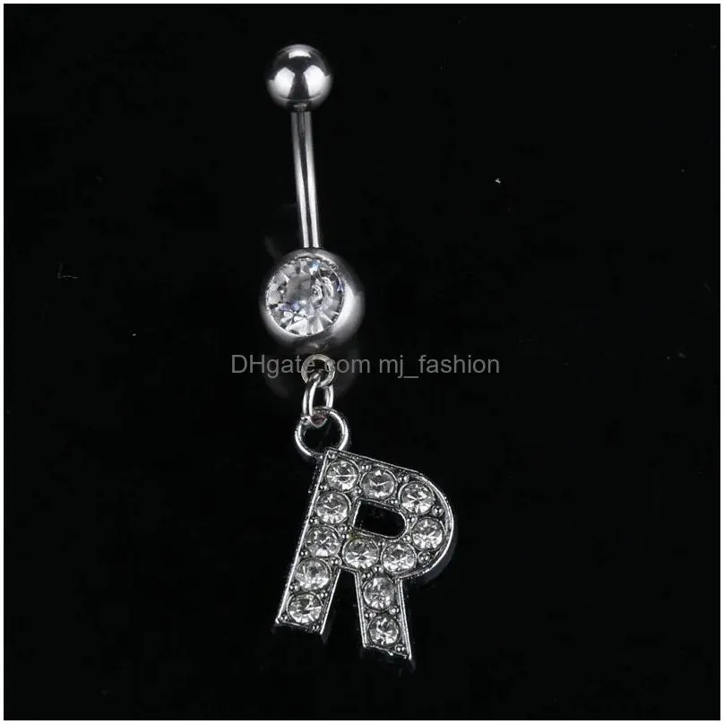 bell button rings 26 letter a to m charming body piercing crystal rhinestone inlaid navel belly button ring stainless steel jewelry