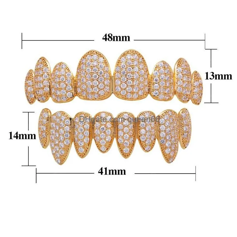 hip hop teeth grillz top bottom set for men gold silver micro pave cz bling iced out jewelry