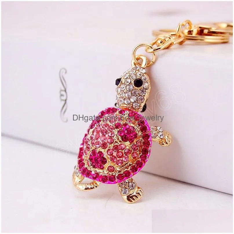 cute turtle shape pendant key rings colorful shiny rhinestone turtle keychain women girls hanging ornament accessories