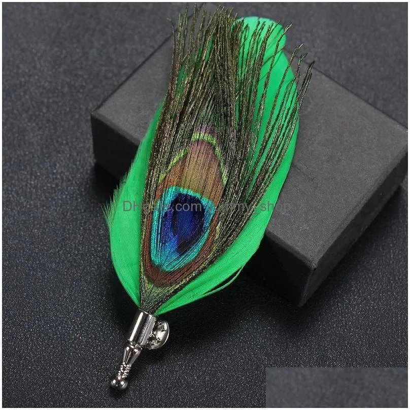 5 colors 8.8x3.8cm mens chic handmade peacock pheasant feather hat lapel pin brooch accessories wedding lapel pin for men suit jewelry