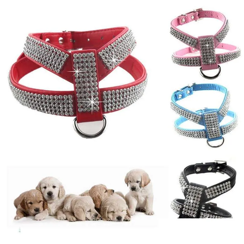 4 sizes pu leather rhinestones dog harness safety comfortable dress up pet harness collar for small medium large dog 210712