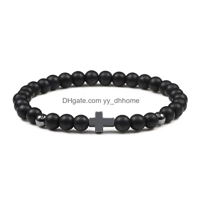 6mm black lava rock stone onyx beads bracelets classic cross stretch tiger eye bracelet religion bangle women men wrist jewelry