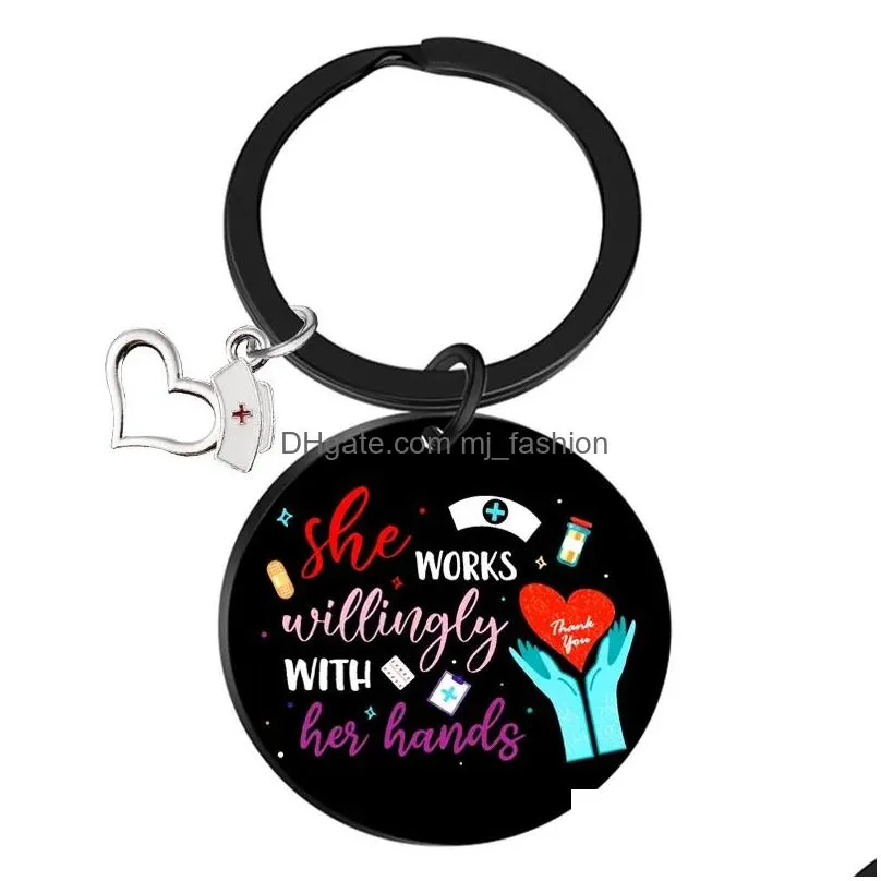 28mm colorful nurse day keychains black stainless steel keychain pendant creative gift keyring