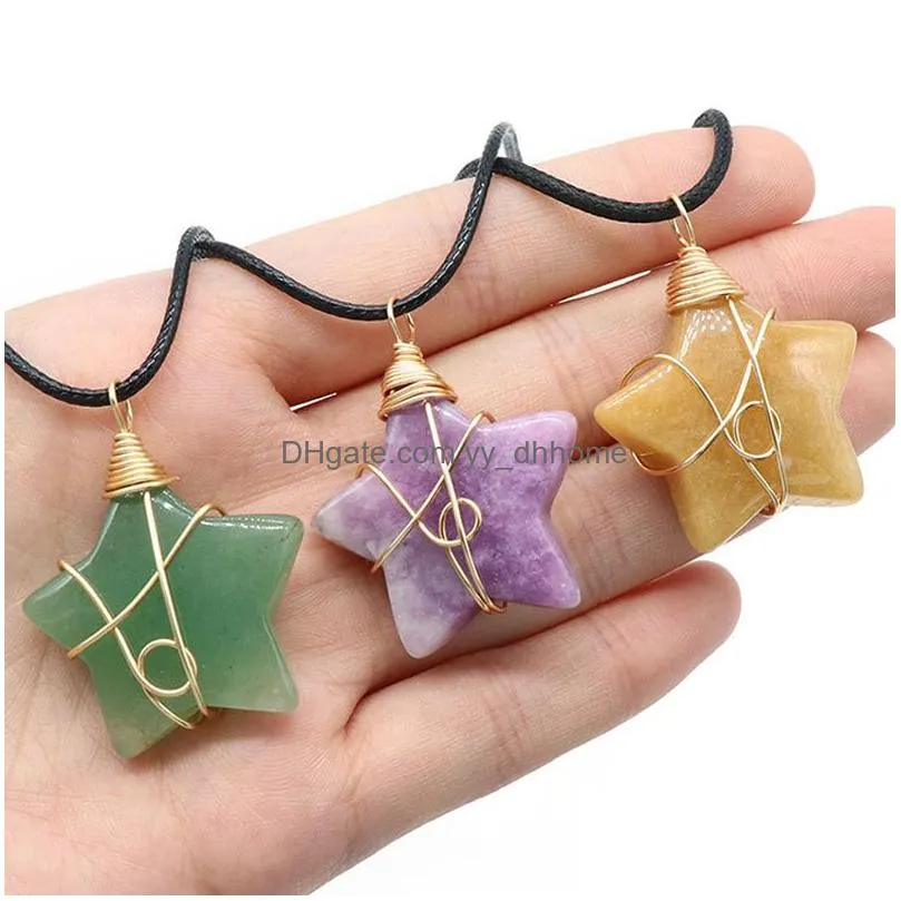 cute star charm natural crystal stone pendant necklace wire wrapped obsidian jades amethysts pink quartz pendulum healing reiki