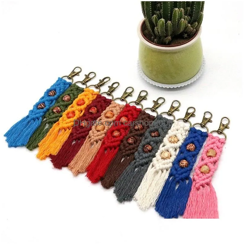 braided cotton rope keychains bohemia style wooden beads woven key chains women girls hanging pendant keyrings accessories