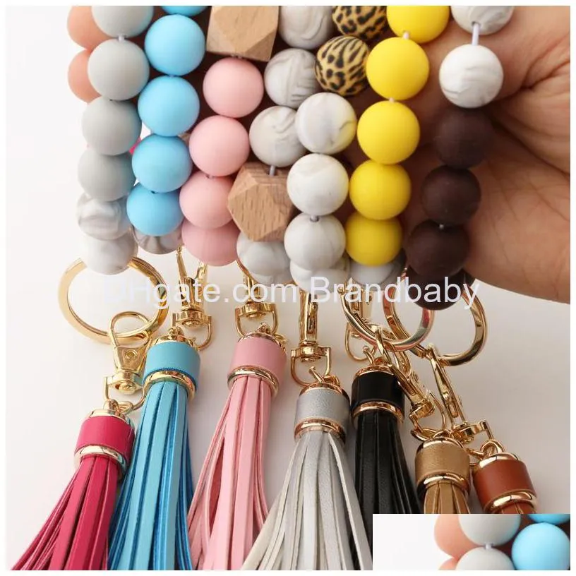 silicon beads key chain for keys colorful wristlet bracelet jewelry pu tassel charm car key ring charms wholesale without logo