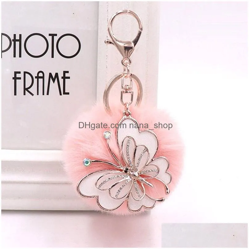 fashion plush pompom pendant keychains women girls retro enameled metal butterfly keyrings key holder bags hanging decorations