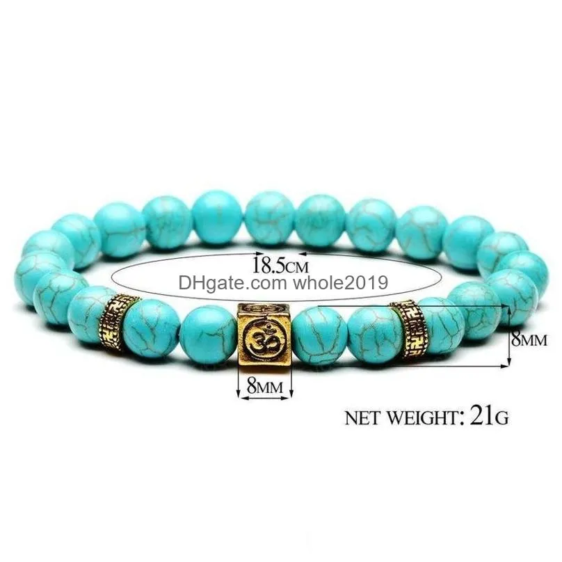 8mm yoga beaded strands bracelet gemstone turquoise beads ancient silver gold box natural stone bracelets for women men fashion