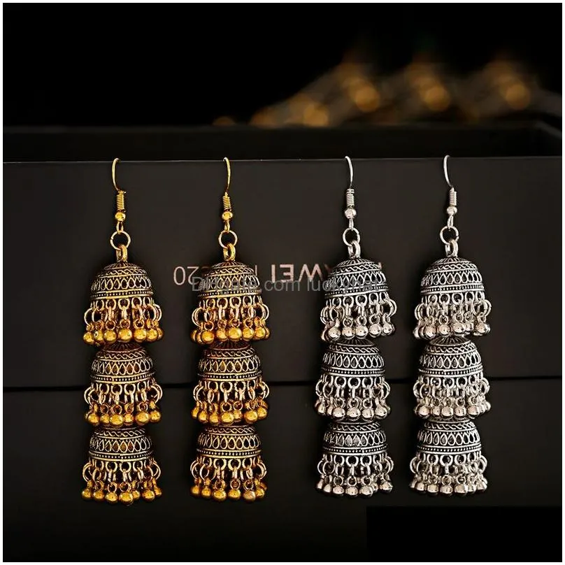 retro bollywood kundan jhumka jhumki threelayer drop earrings for women boho ethnic gypsy fashion wedding wear jewelry