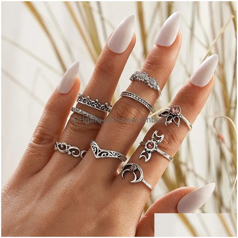 9pcs/set boho midi finger rings set for women punk moon flower hollow out sliver color knuckle rings joint jewelry gift anillos