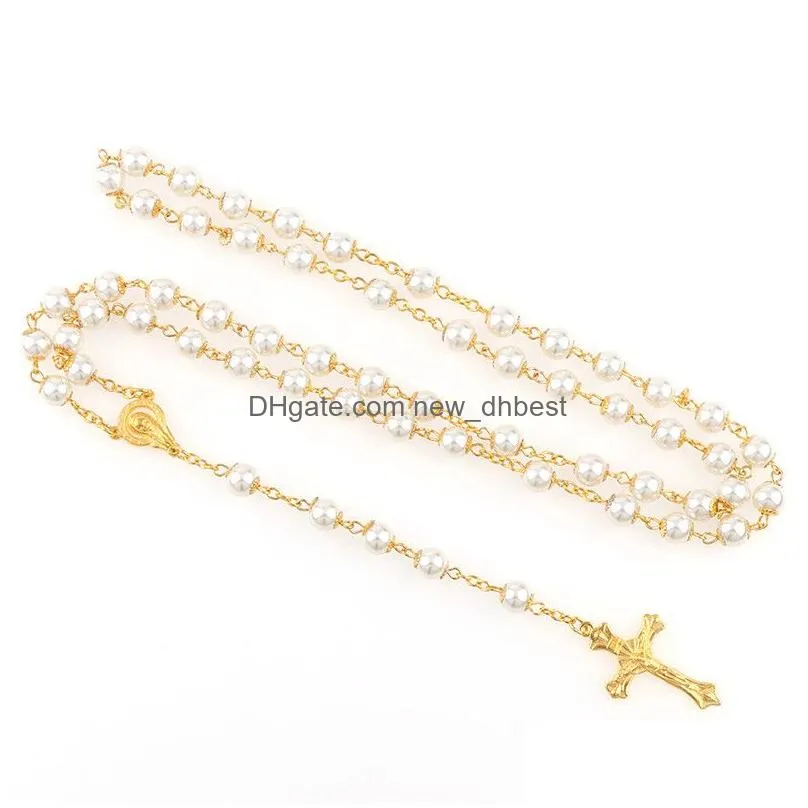 religious jewelry 8mm jesus christ white pearl catholic cross rosary necklace
