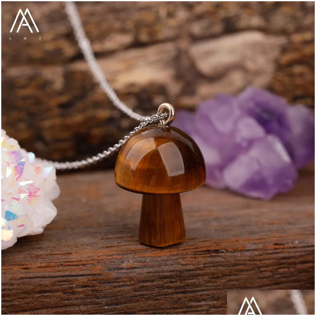 carved gemstones mushroom pendant charms stainlesssteel chain women healing crystals figurine pendant necklace jewelry