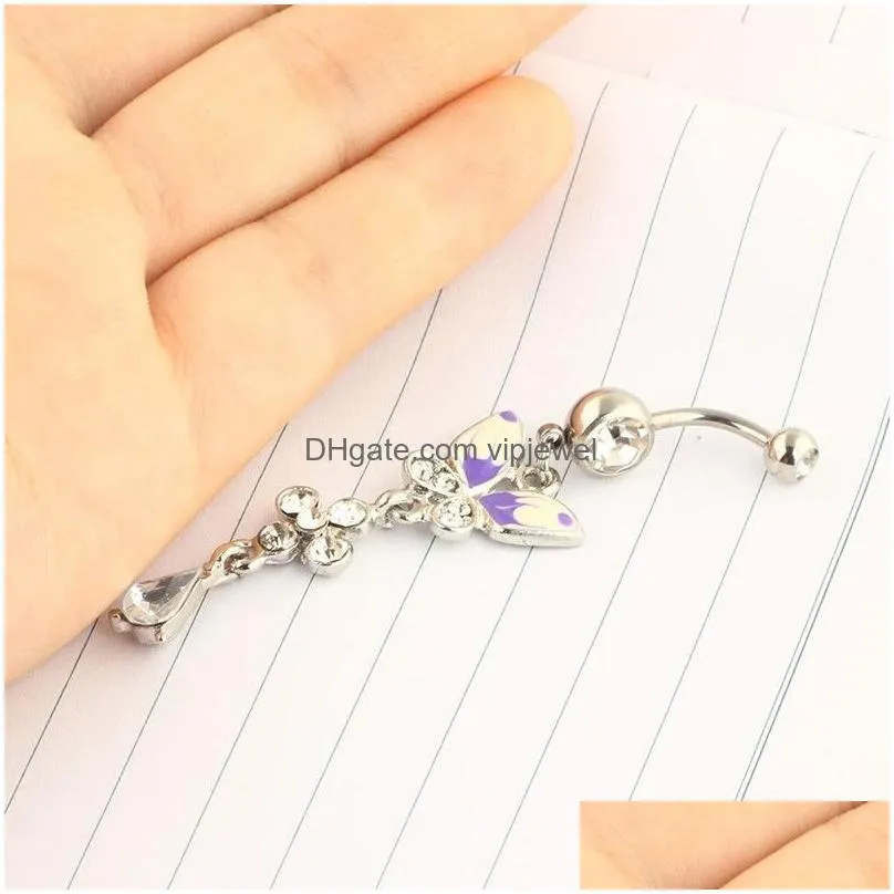 butterfly dangle crystal navel button rings stainless steel belly ring ear barbell body jewelry piercing nombril