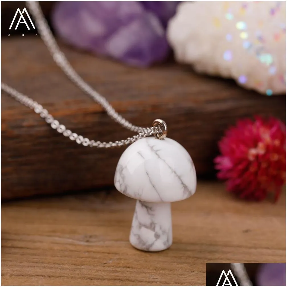 carved gemstones mushroom pendant charms stainlesssteel chain women healing crystals figurine pendant necklace jewelry