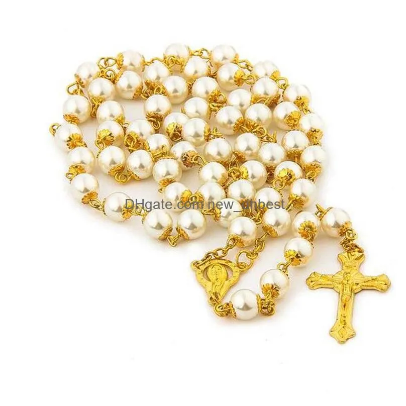 religious jewelry 8mm jesus christ white pearl catholic cross rosary necklace