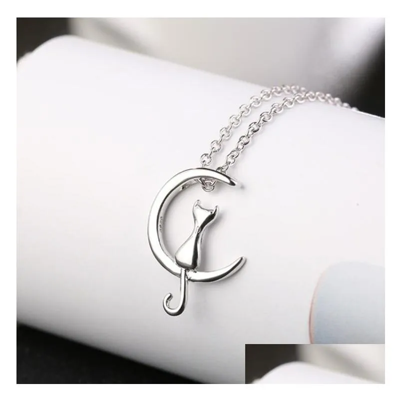 cute cat moon pendant necklaces charm silver gold color link chain necklace for pet lucky jewelry for girl gift