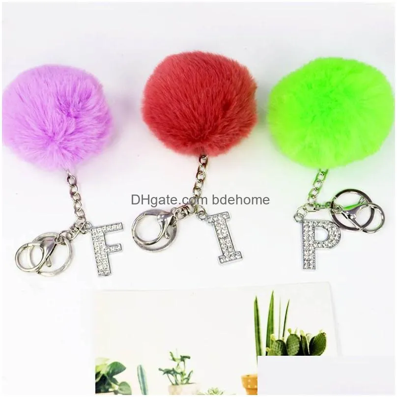 fluffy multicolor pompom faux rabbit fur ball keychains crystal letters key rings key holder trendy jewelry bag accessories gift