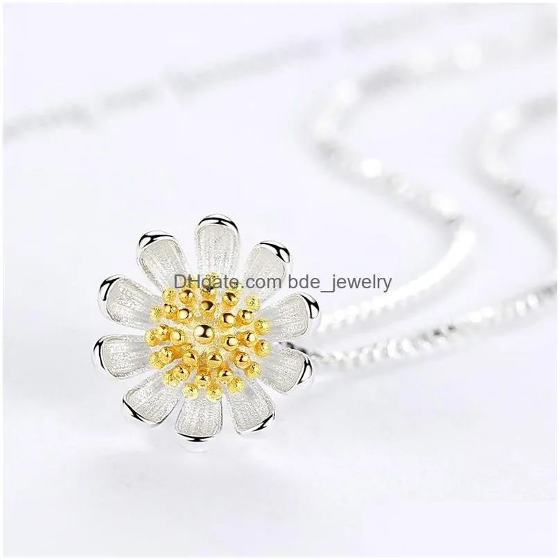 925 sterling silver womens fashion jewelry high quality retro simple chrysanthemum pendant necklace long 45cm