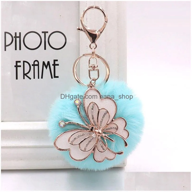 fashion plush pompom pendant keychains women girls retro enameled metal butterfly keyrings key holder bags hanging decorations