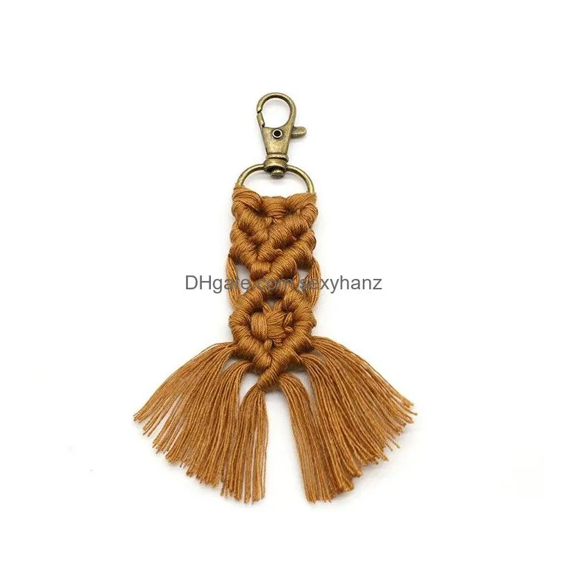 vintage solid color braided keychains fashion bohemia woven cotton rope key chains hanging pendant supplies keyrings accessories