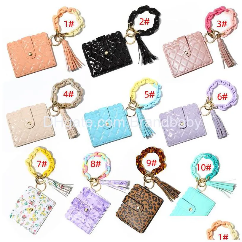 acrylic buttons key chain for keys colorful wristlet bracelet jewelry id credit cards wallet pu tassel charm car key ring charms