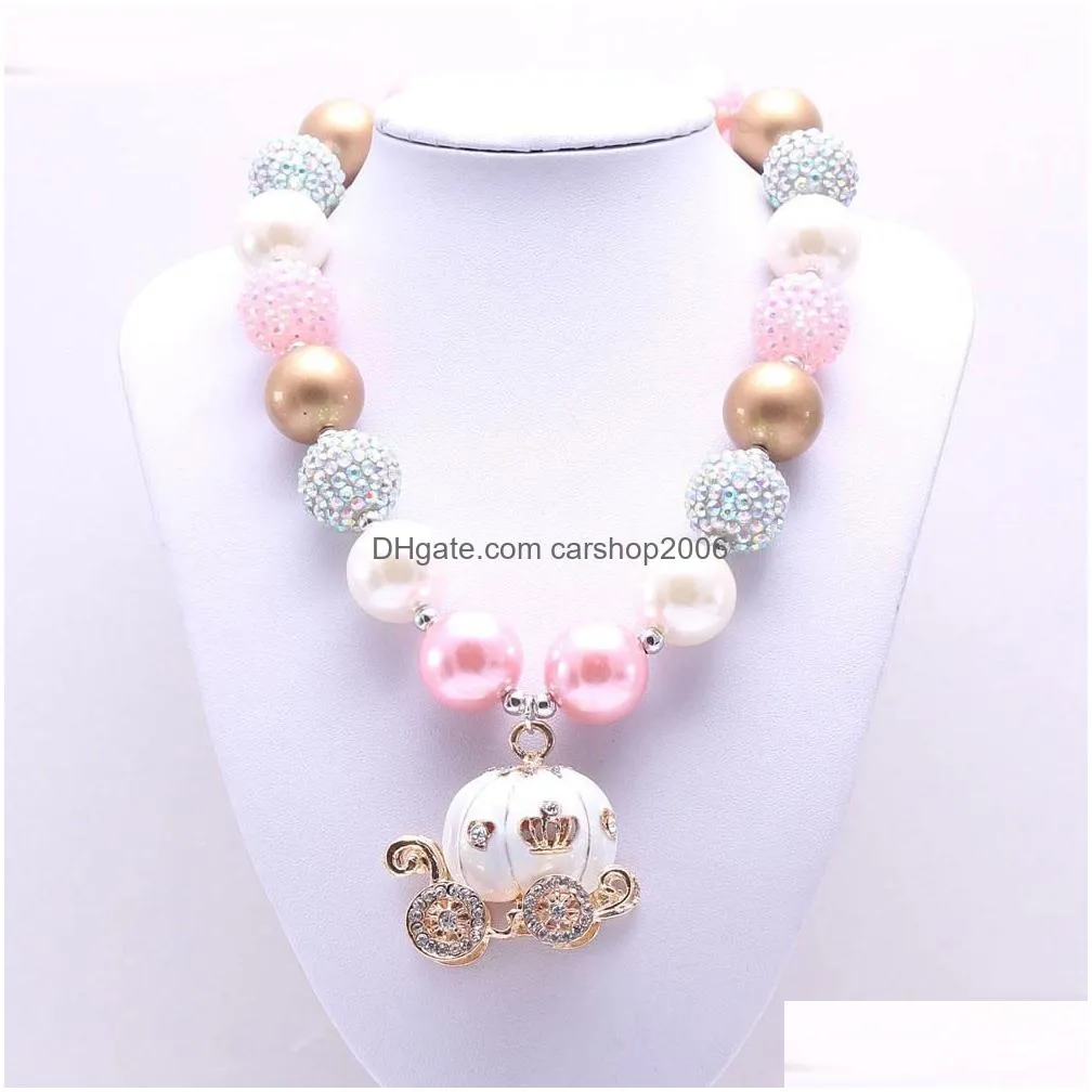 pink color pumpkin carrige kid chunky necklace halloween style bubblegum bead chunky necklace children jewelry for toddler girls