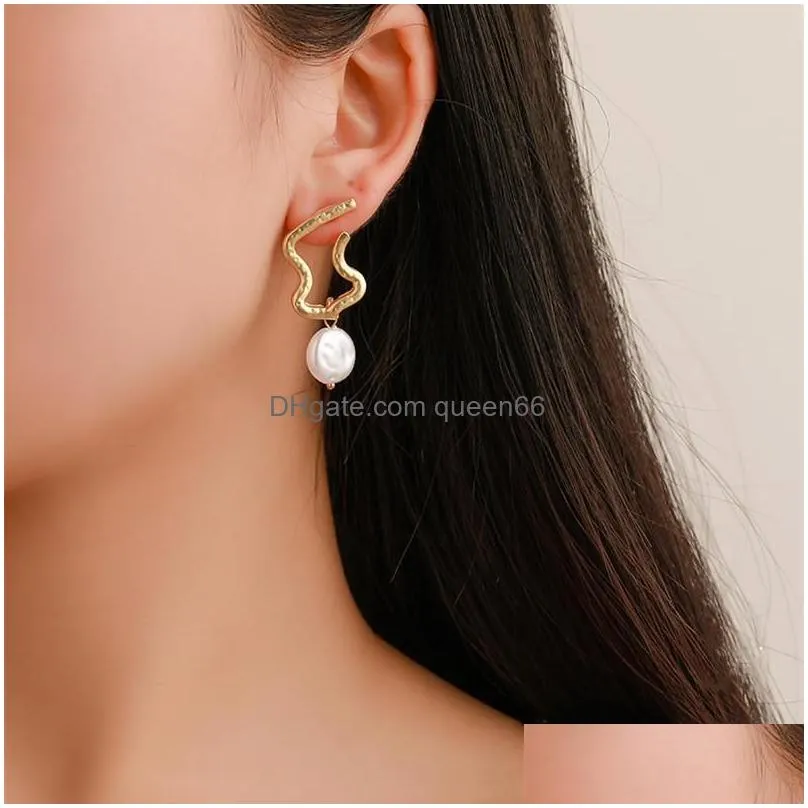 irregular baroque pearl stud earrings women retro hollow copper ear drop korean lady business party daily wearing earring ornaments accessories matte
