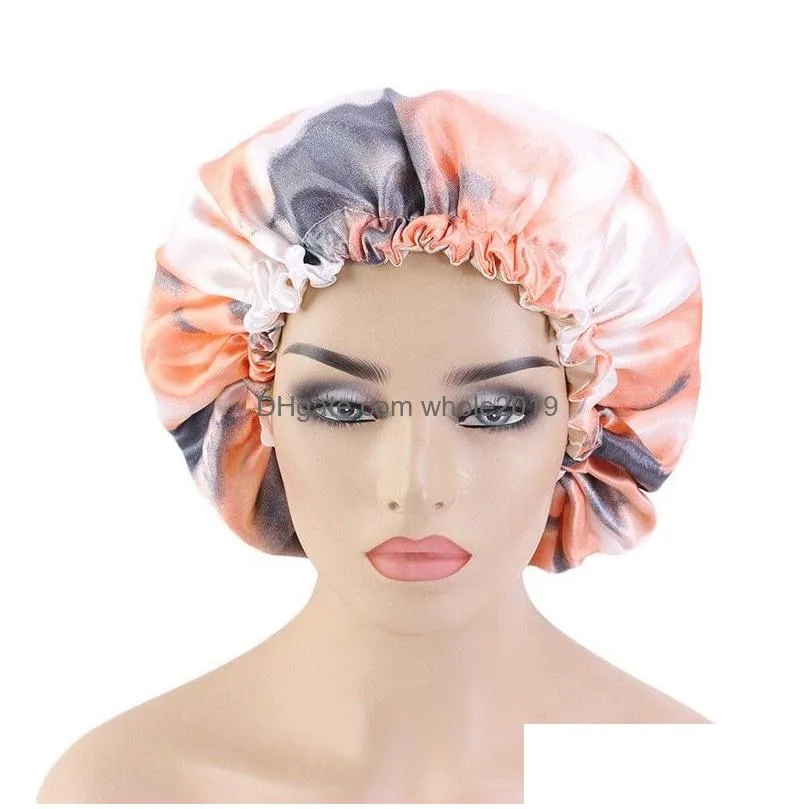 tie dye satin silky bonnet hat for women double layer with adjustable buckle night sleep cap curly protect hair care cap