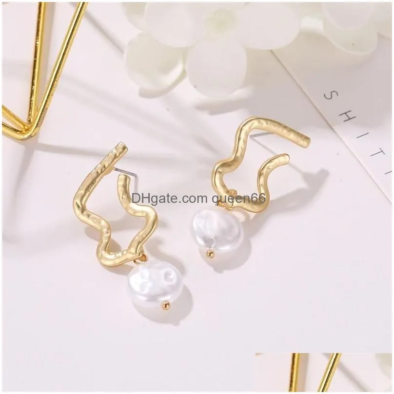 irregular baroque pearl stud earrings women retro hollow copper ear drop korean lady business party daily wearing earring ornaments accessories matte