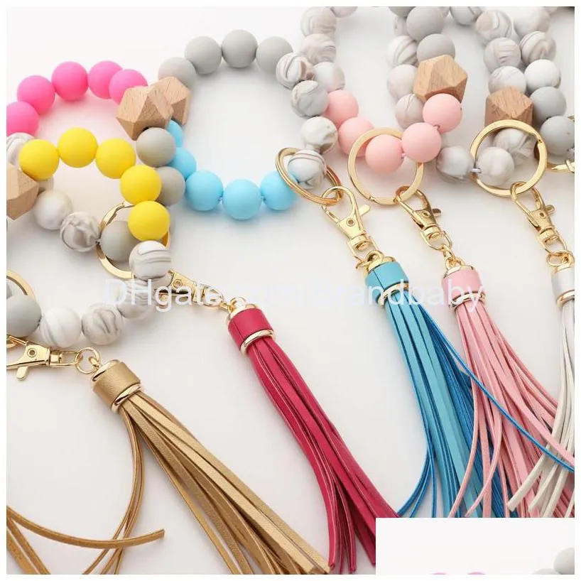silicon beads key chain for keys colorful wristlet bracelet jewelry pu tassel charm car key ring charms wholesale without logo