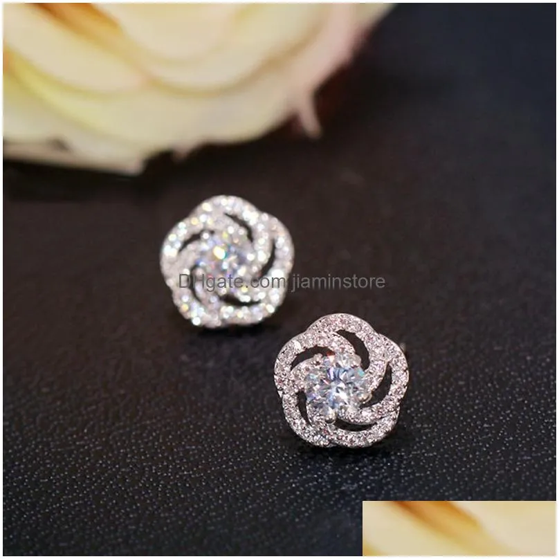 fashion women stud earring new trendy silver color rose flower shiny zircon crystal earrings ladies wedding jewelry gift