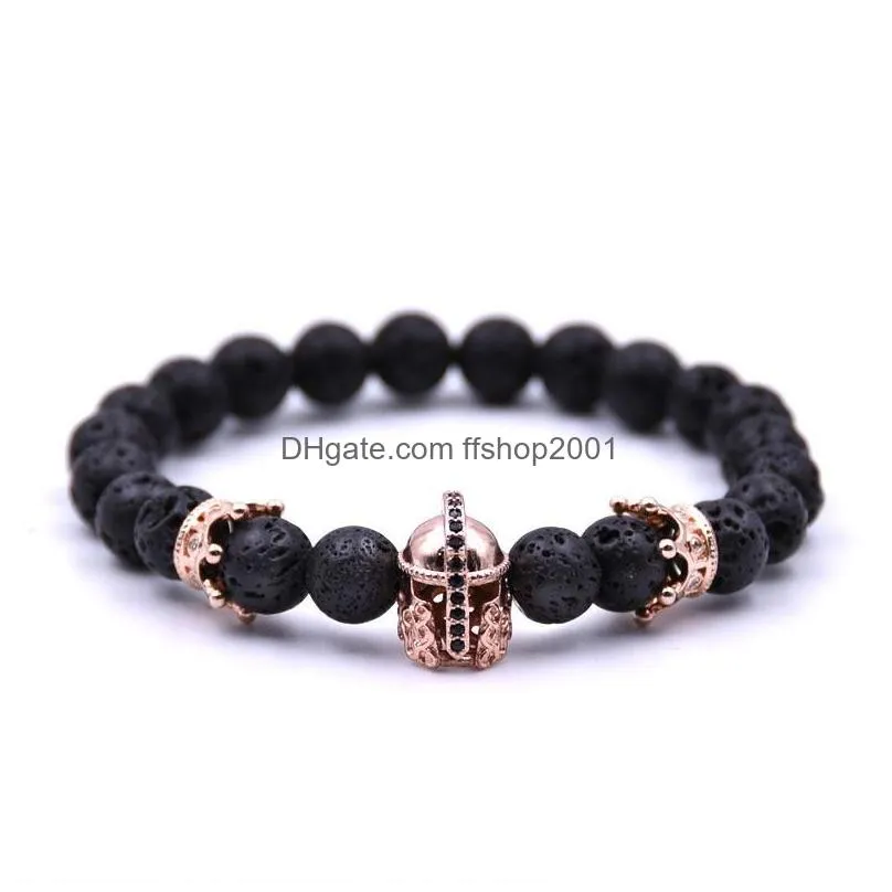 wholesale roman helmet bracelet men boy black lava rock stone crown beaded energy bracelets jewelry christmas gift