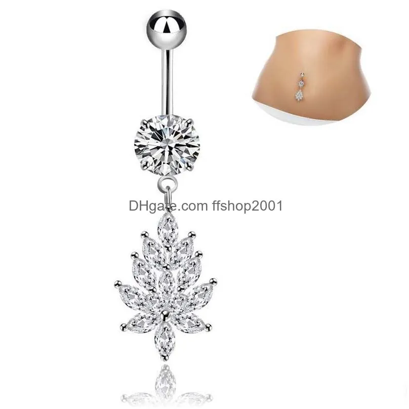 stainless steel belly dangle ring leaf bell button navel rings simple design rhinestone body piercing fashion jewelry wholesale