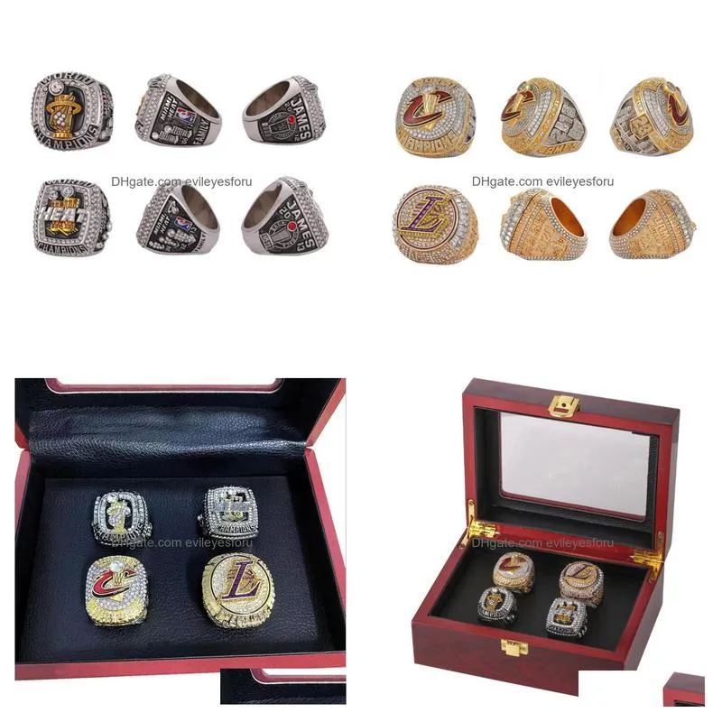 4pcs james basketball team champions championship ring set with wooden box souvenir men women boy fan brithday gift 2022 2023 hip hop jewelry sport