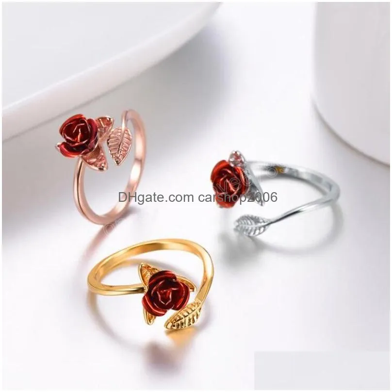 red rose garden flower leaves open ring resizable adjustable finger rings for women valentine day gift jewelry