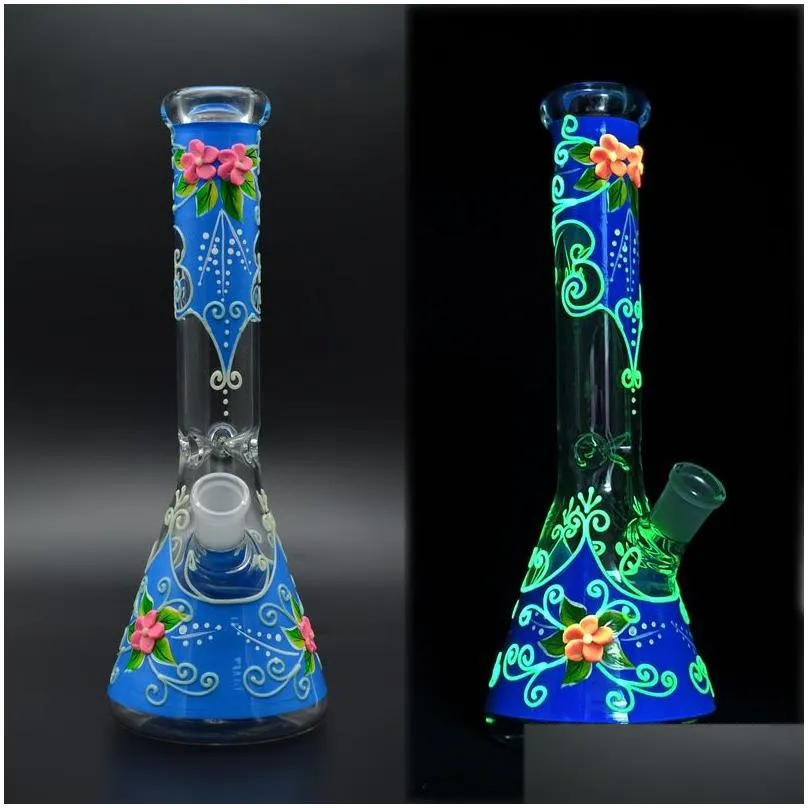 glow in the dark beaker bong 11 inch 5mm design glass water pipe cool hand painting dab rig oil rig