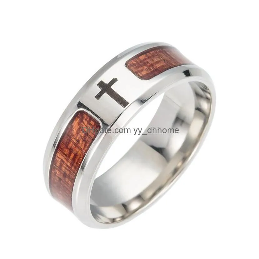 stainless steel tree of life jesus believe cross ring wood ring band rings women men fashion jewelry gift 4 colors