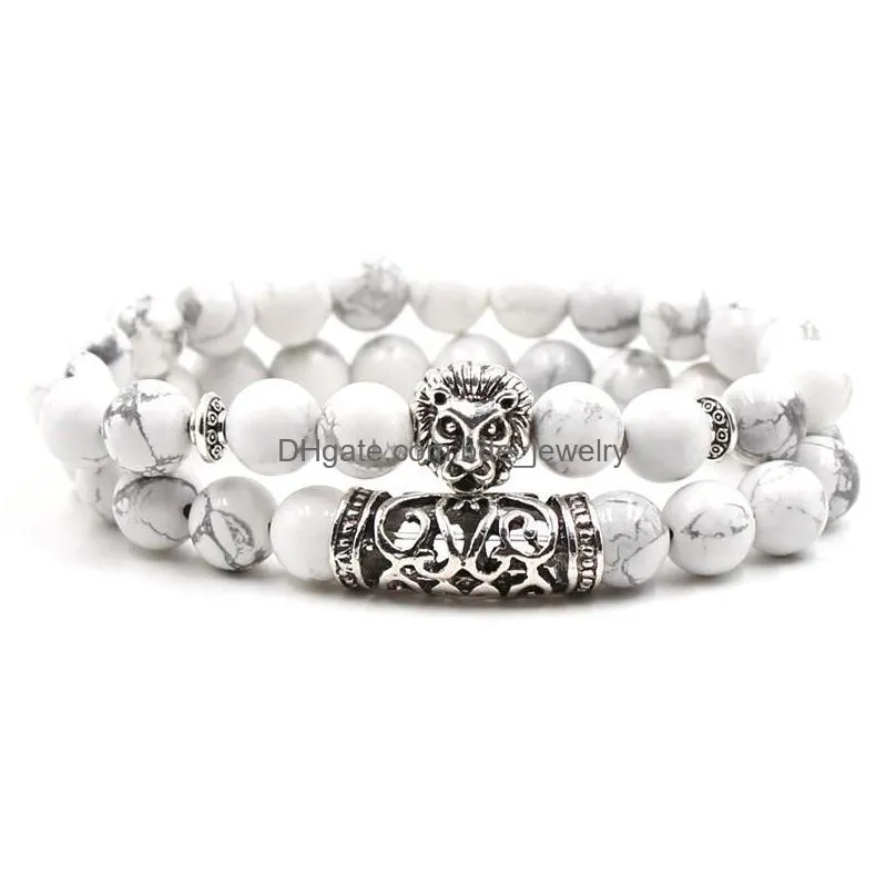  2pc/set white turquoise bracelet 8mm natural stone bracelet owl  skull punk bangles for women men gift