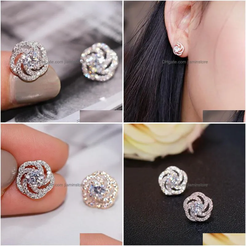 fashion women stud earring new trendy silver color rose flower shiny zircon crystal earrings ladies wedding jewelry gift