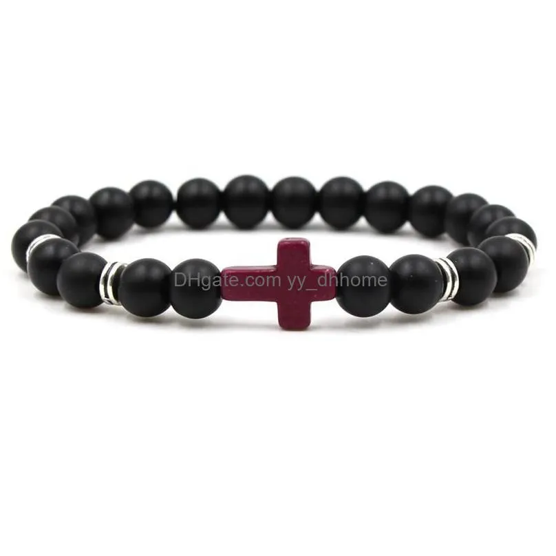 cross men bracelet brand wholesale unisex cross men natural stone bracelet hand work black onyx volcano matte beaded bracelets