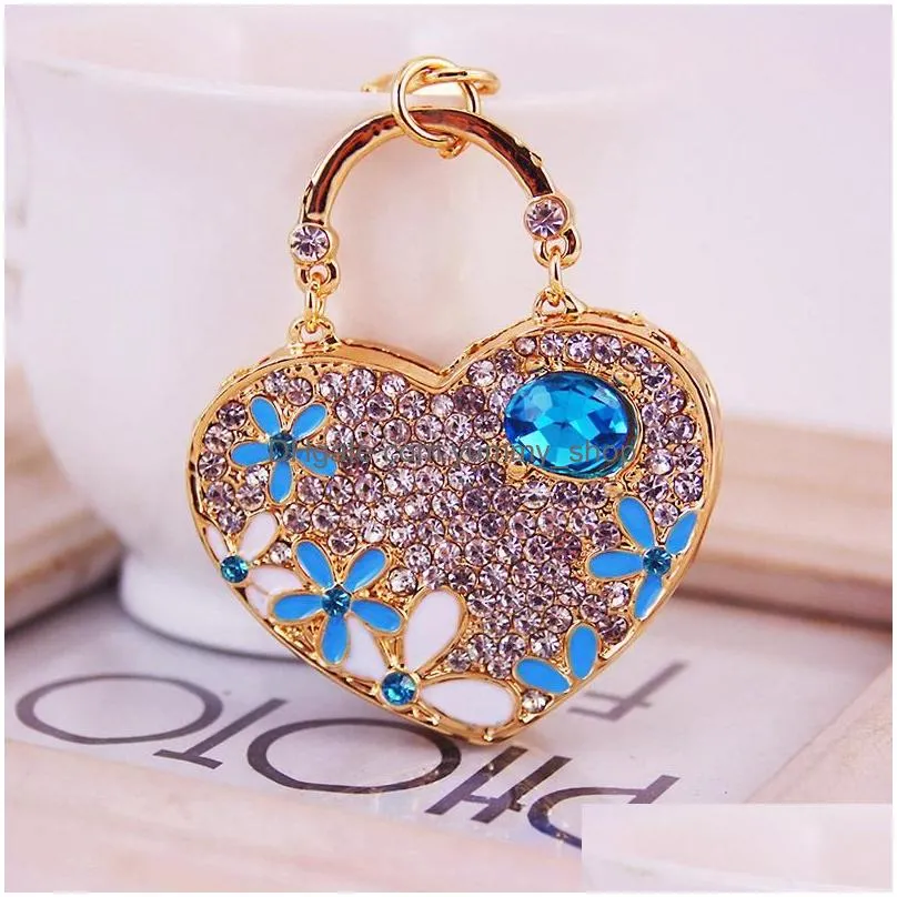 3pcs/lot bag charm key rings enamel flowers decorated crystal rhinestone paved alloy love heart pendant keychain fashion car key