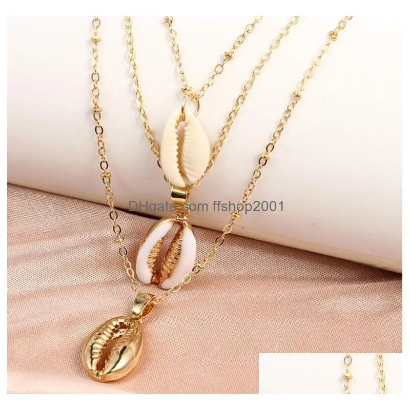 three layers women shell pendant necklace gold silver stylish choker seashell vintage long chain necklace bohemian jewelry