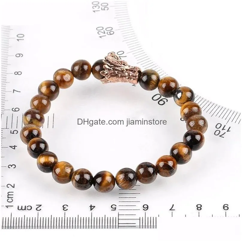 strand bracelet natural stone tiger eye 8mm gem bead retro dragon head men bracelets healing jewelry for women pulsera