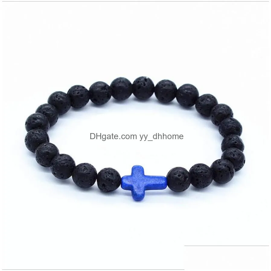 natural cross black lava stone bracelets chakra healing balance beads bracelet for men women stretch yoga jewelry